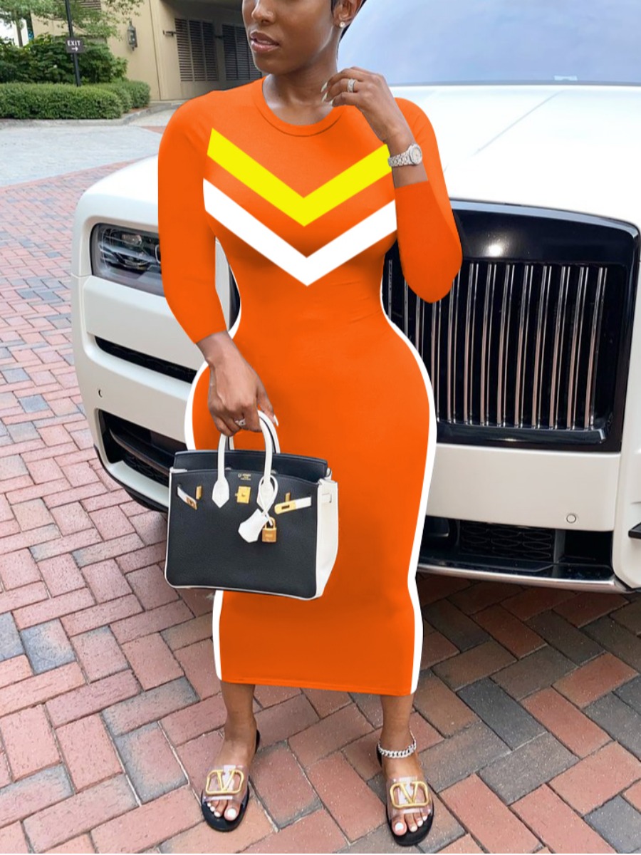 

lovely Sportswear O Neck Patchwork Orange Mid Calf Dress