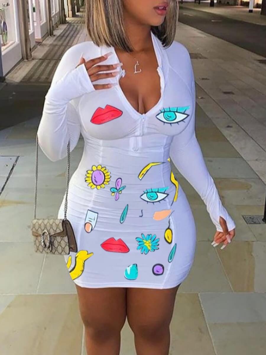 

Lovely Sportswear Zipper Design Print White Mini Dress