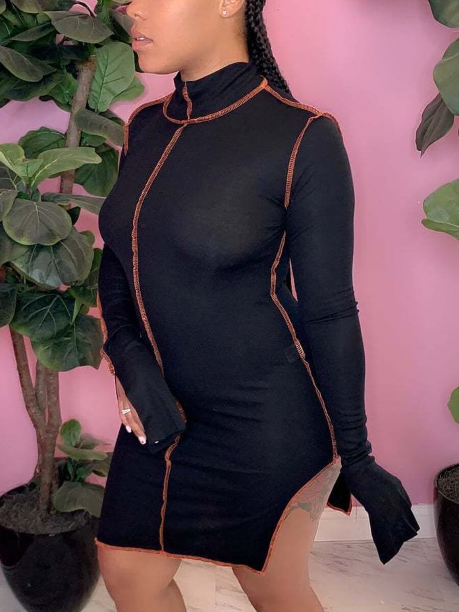 

Lovely Casual Half A Turtleneck Patchwork Black Knee Length Dress