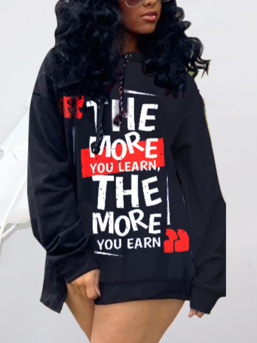 

Lovely Casual Hooded Collar Letter Print Black Mini Dress