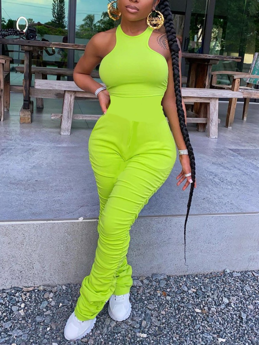 

lovely Sportswear Sleeveless Fold Design Green One-piece Jumpsuit