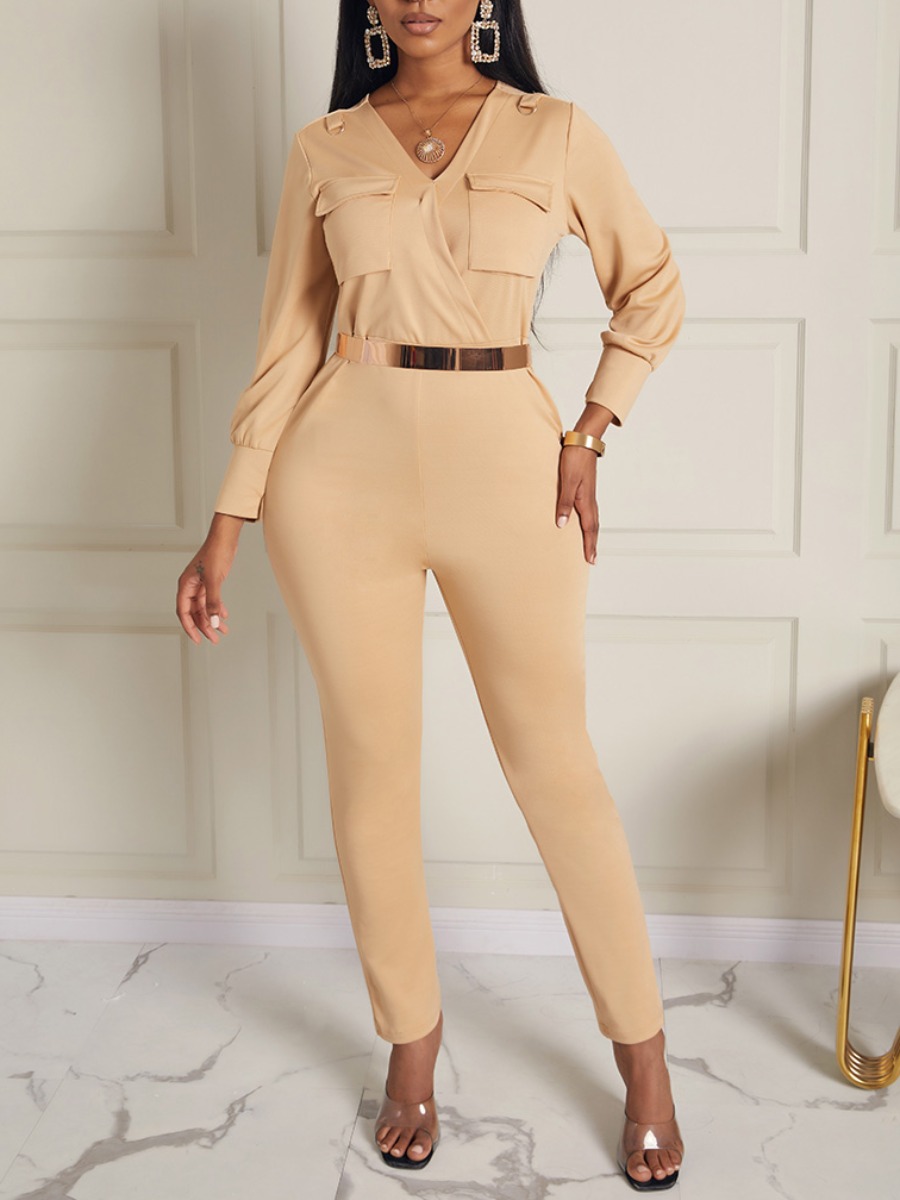

lovely Stylish V Neck Pocket Patched Khaki One-piece Jumpsuit