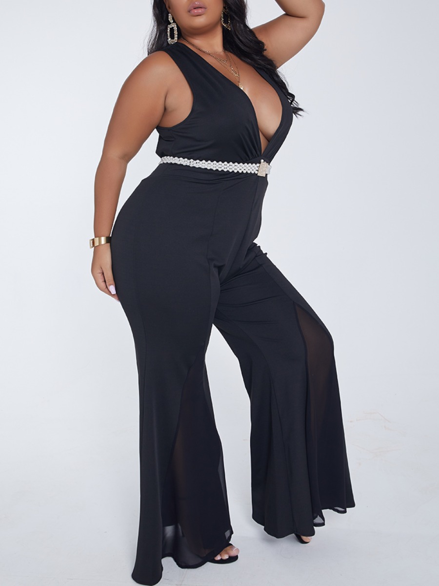 

lovely Sexy Deep V Neck See-through Black Plus Size One-piece Jumpsuit