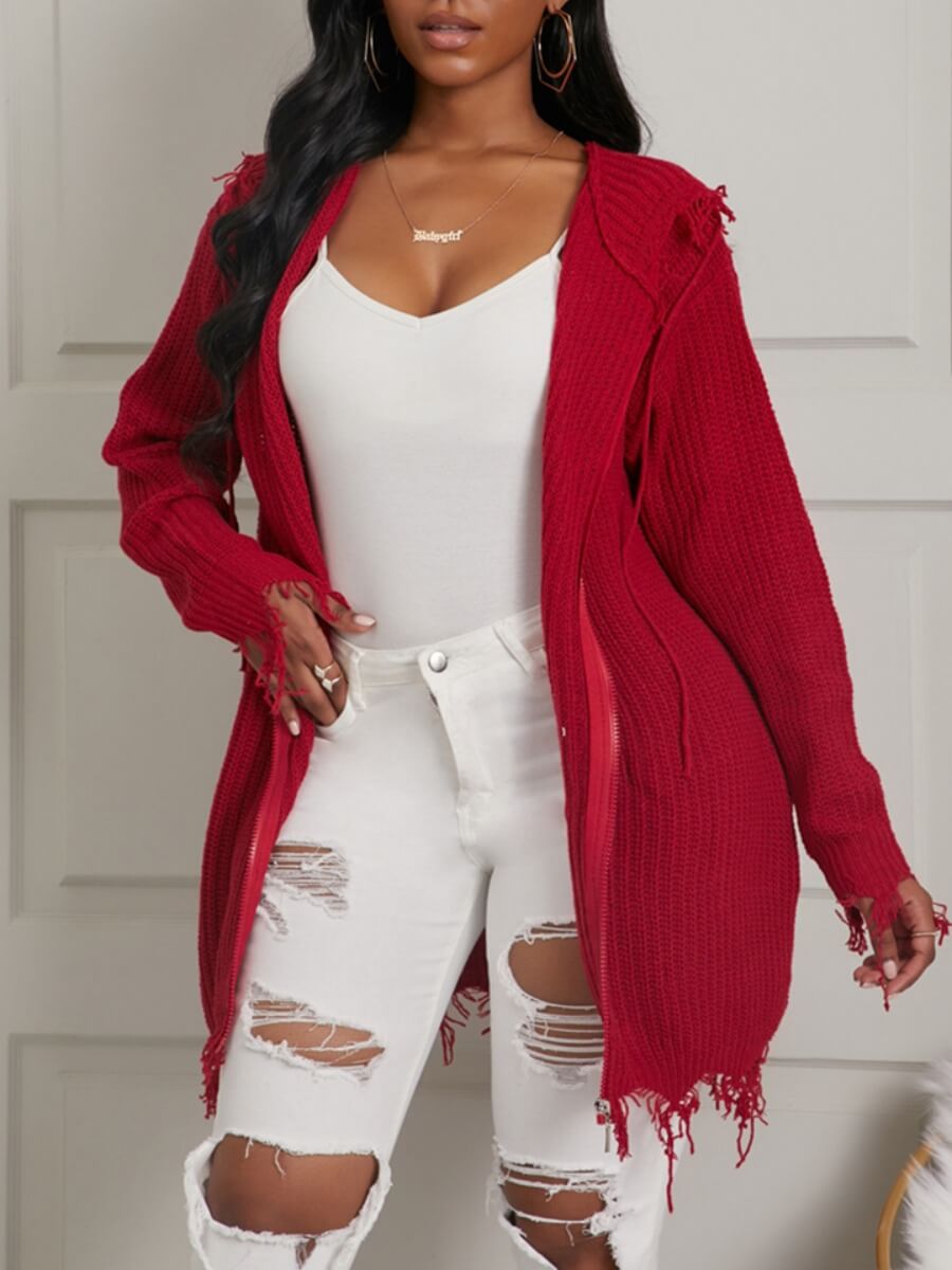 

Lovely Leisure Hooded Collar Asymmetrical Red Cardigan