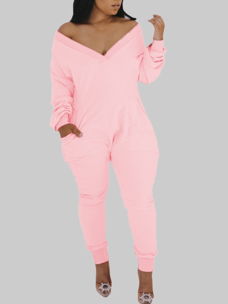 

lovely Leisure V Neck Basic Pink Plus Size One-piece Jumpsuit