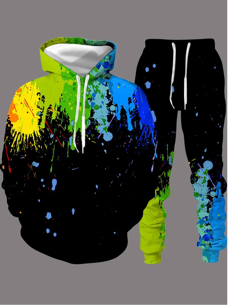 

LW Men Casual Hooded Collar Graffiti Print Black Two-piece Pants Set