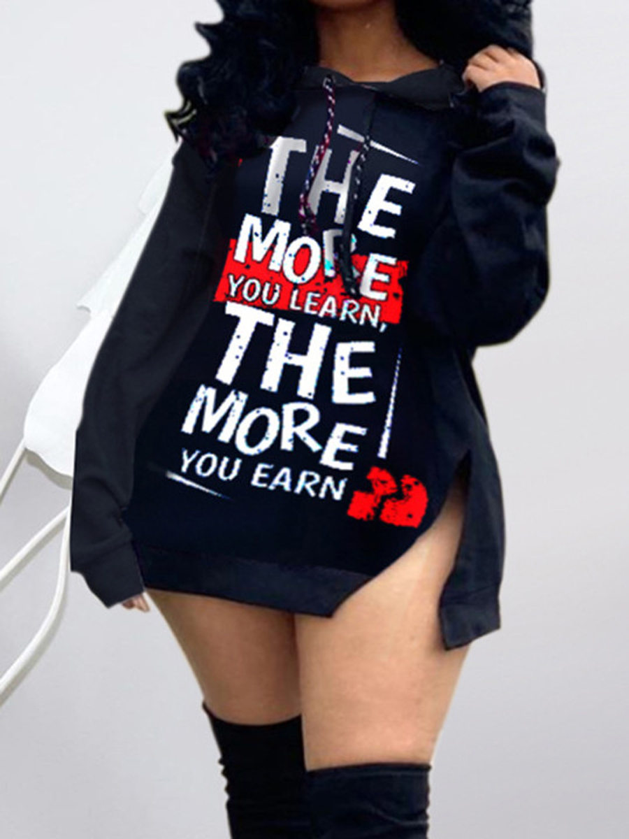 

lovely Casual Hooded Collar Letter Print Black Mini Plus Size Dress