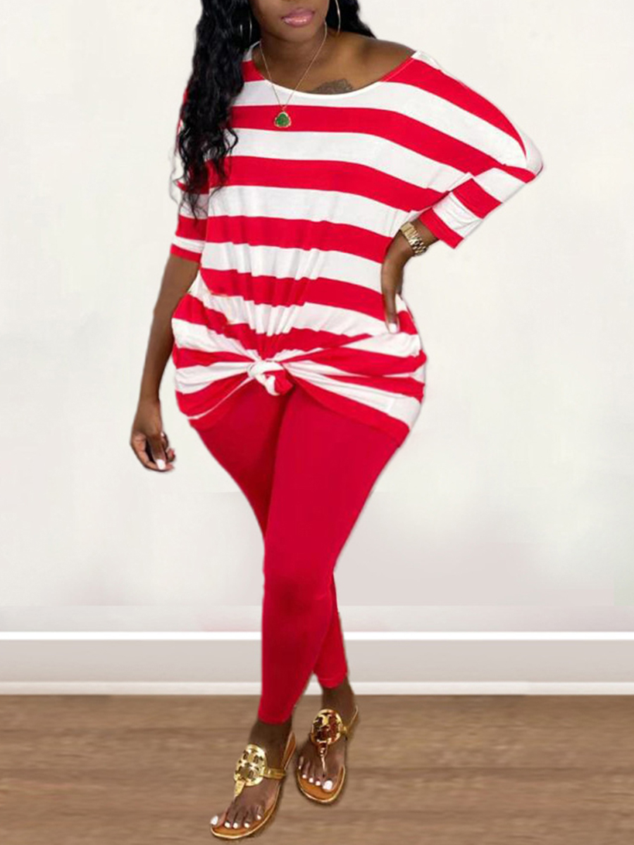 

lovely Casual O Neck Striped Red Plus Size Two-piece Pants Set
