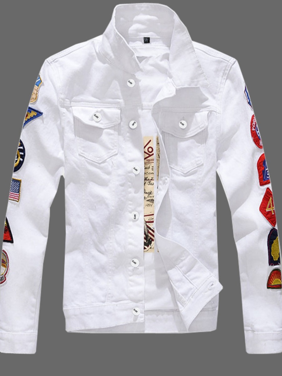 

lovely Street Patchwork Buttons Design White Men Denim Jacket