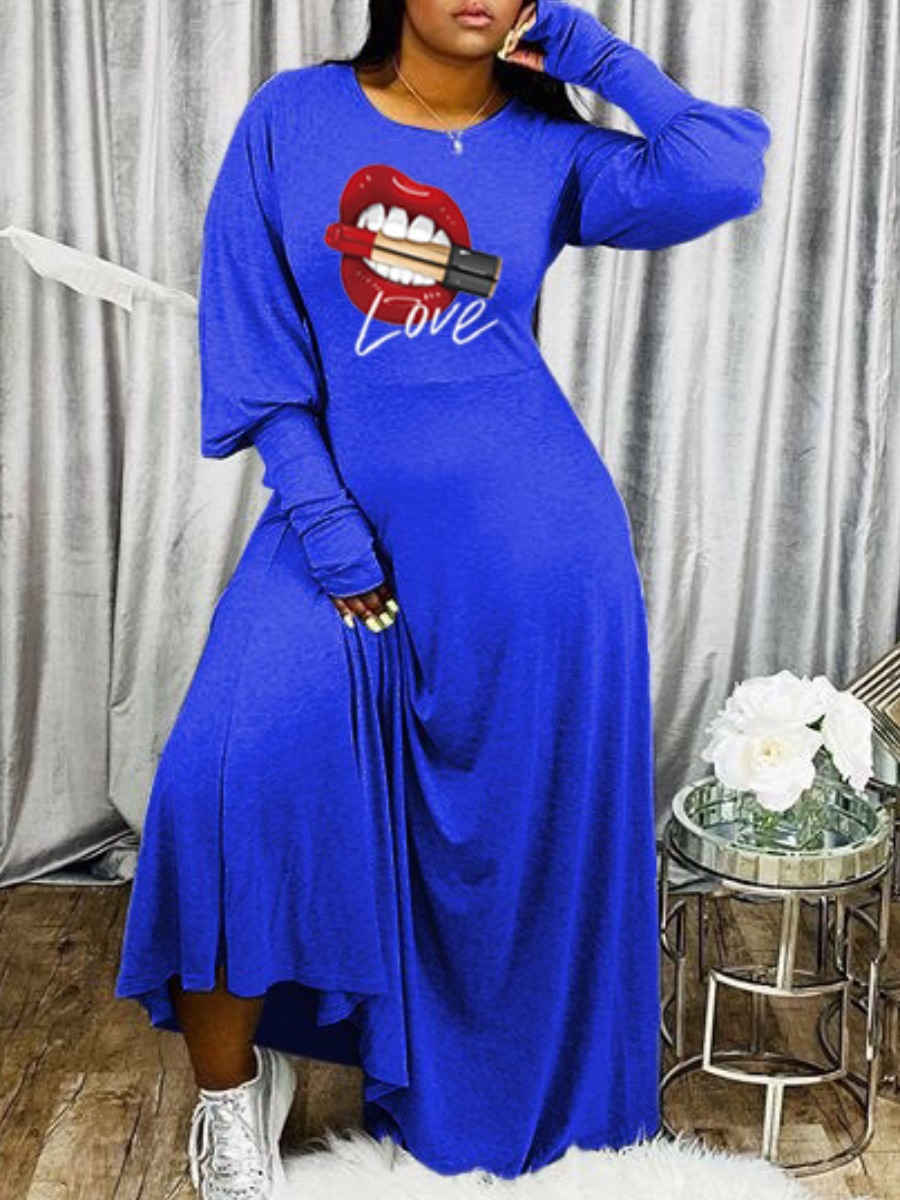 

Lovely Casual O Neck Lip Print Blue Ankle Length Plus Size Dress