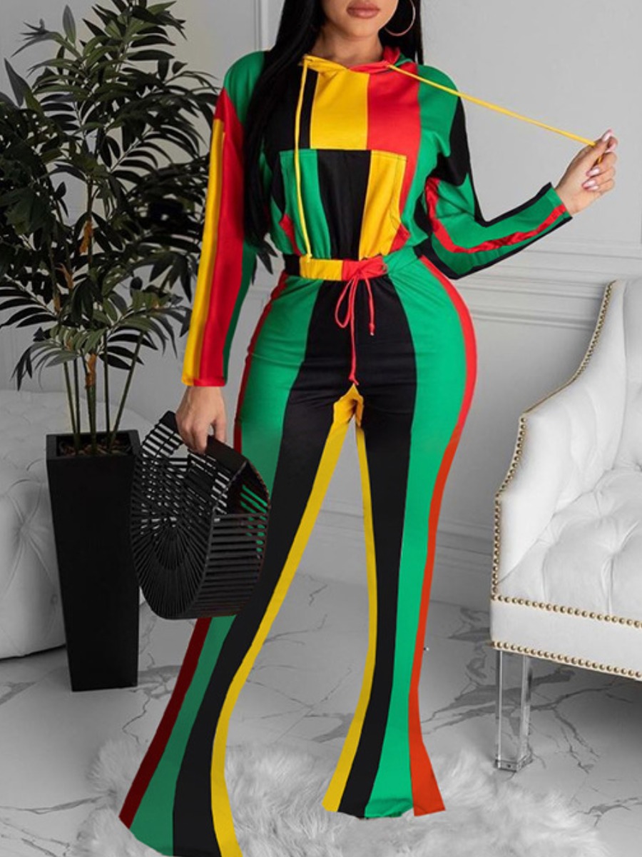 

lovely Trendy Hooded Collar Striped Print Multicolor Two Piece Pants Set, Multi