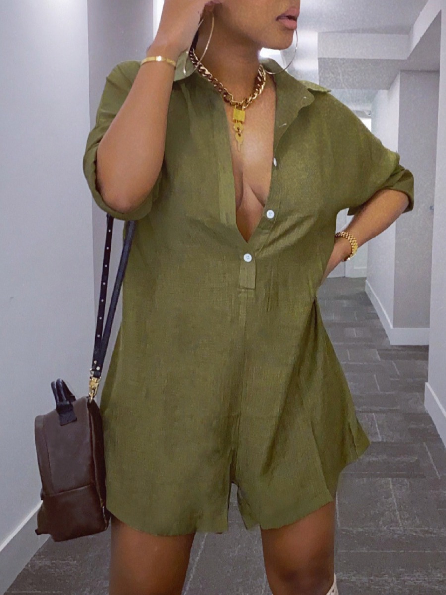 

lovely Leisure Turndown Collar Buttons Design Army Green One-piece Romper