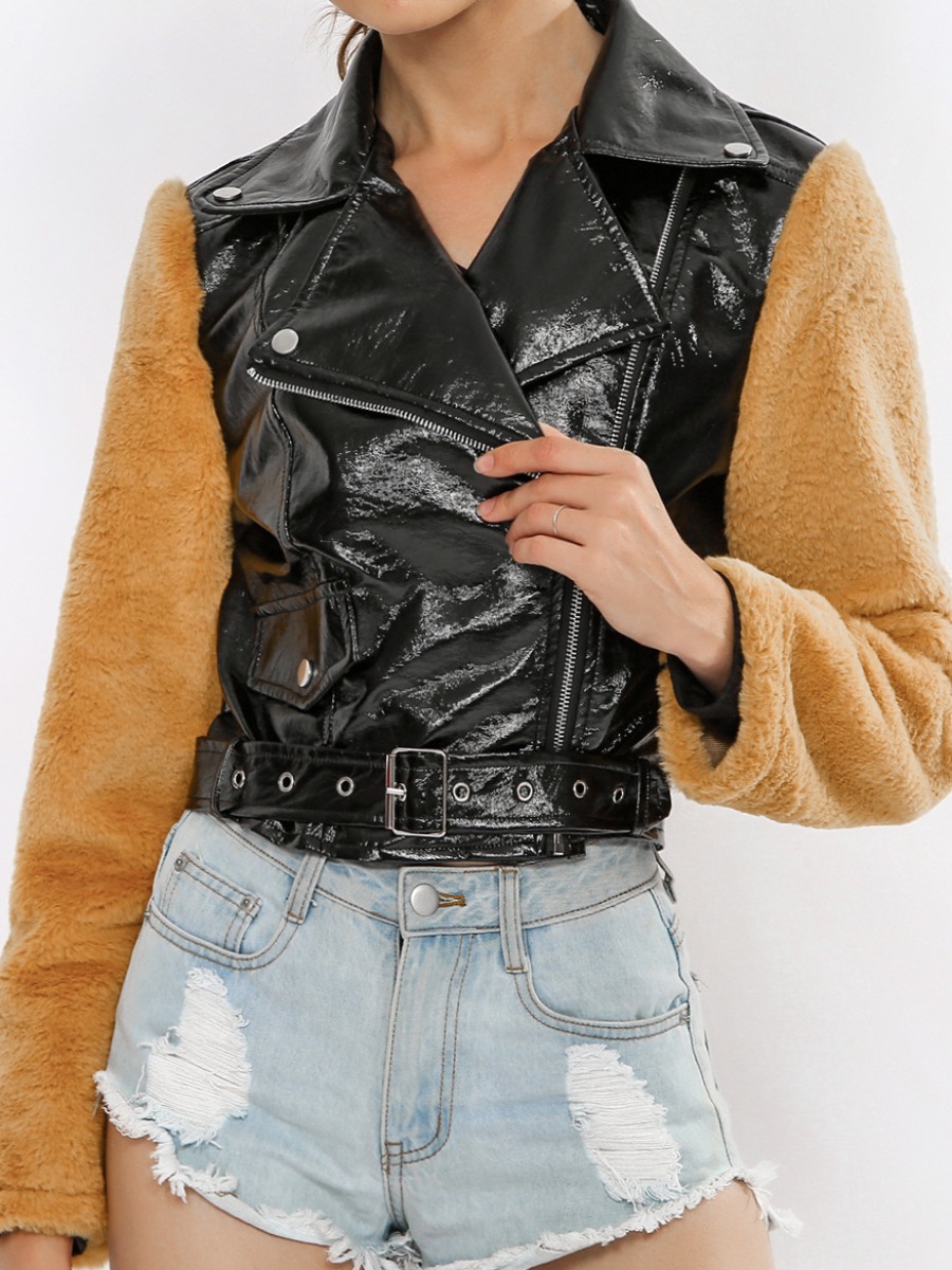 

lovely Street Turndown Collar Patchwork Black Coat