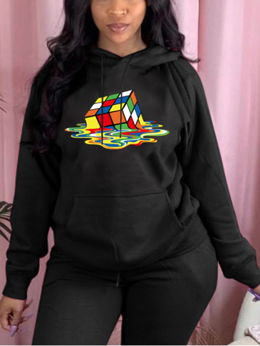 

Lovely Casual Hooded Collar Print Black Hoodie