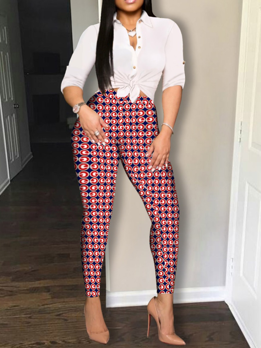 

lovely Stylish Turndown Collar Print White Two Piece Skirt Set