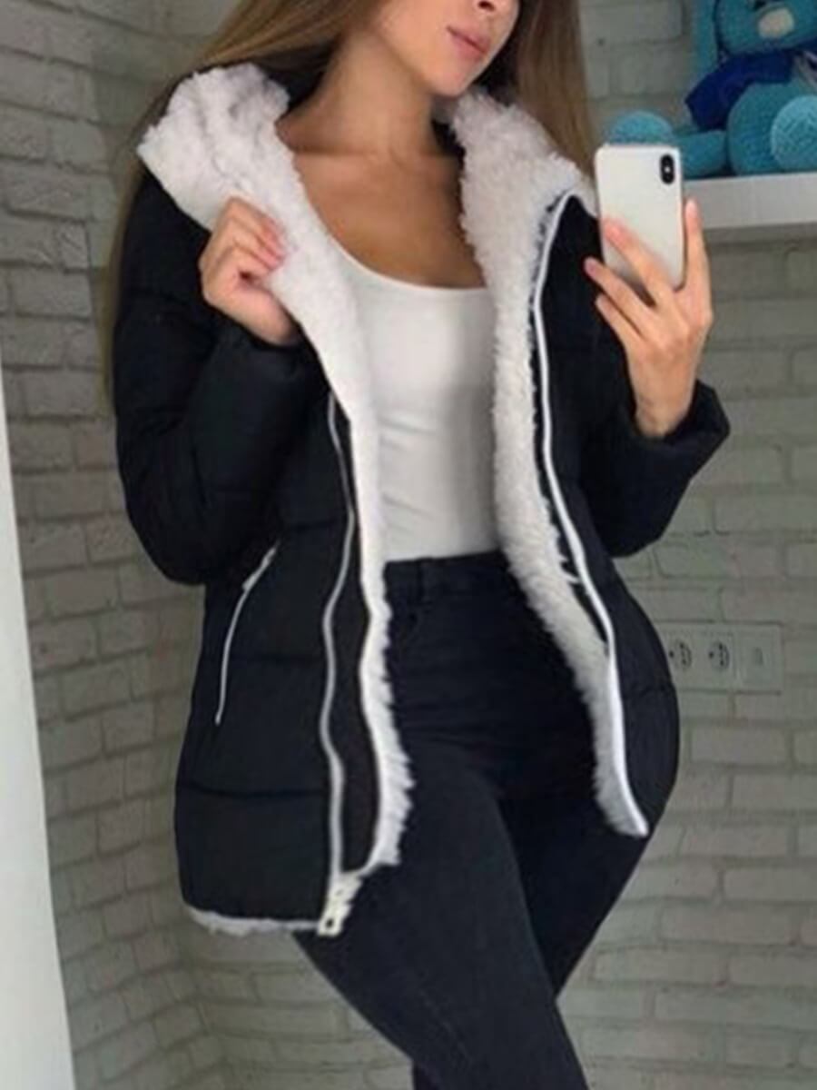 

Lovely Casual Turndown Collar Zipper Design Black Plus Size Coat