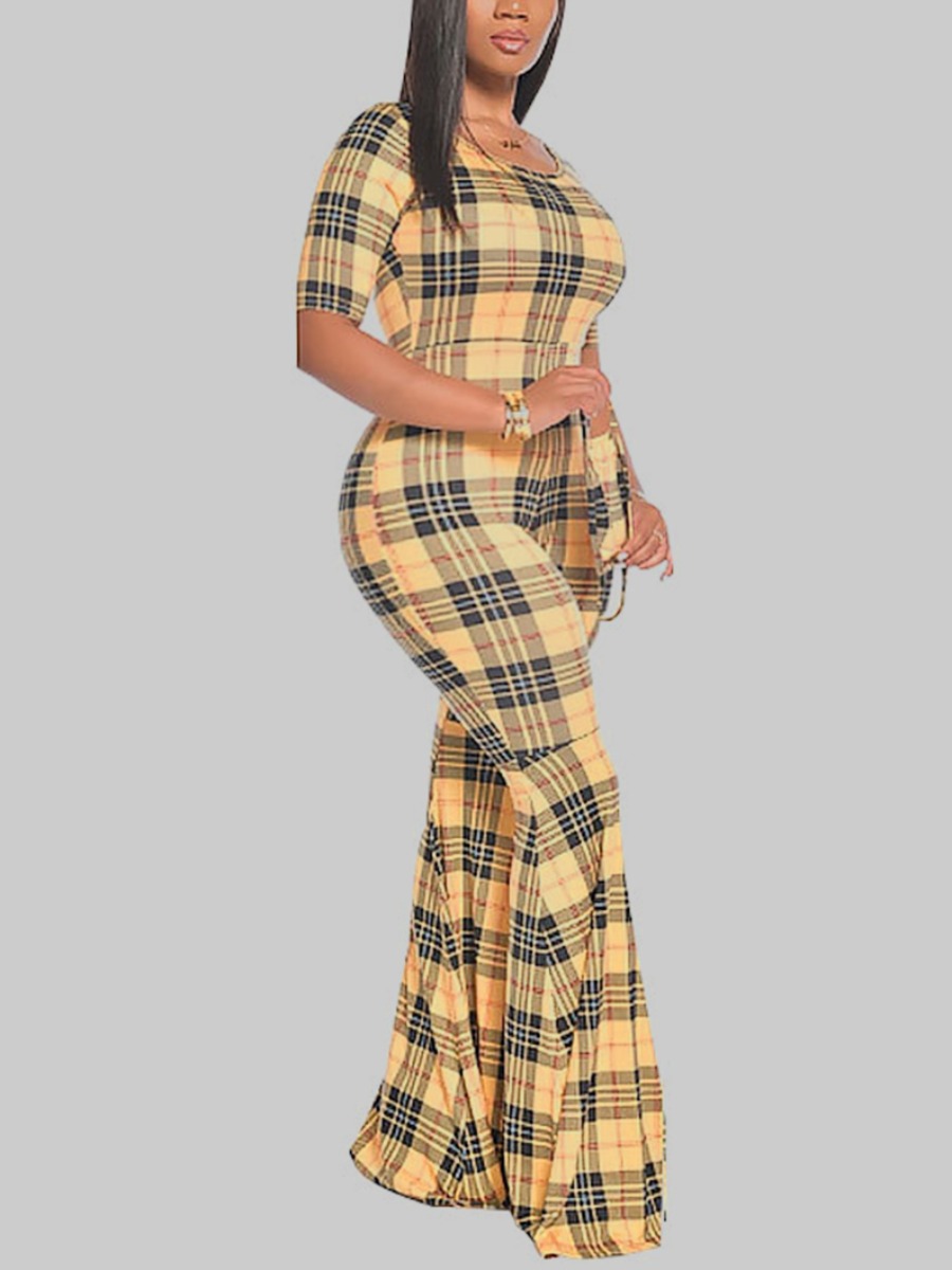 

lovely Stylish O Neck Grid Print Yellow Plus Size One-piece Jumpsuit