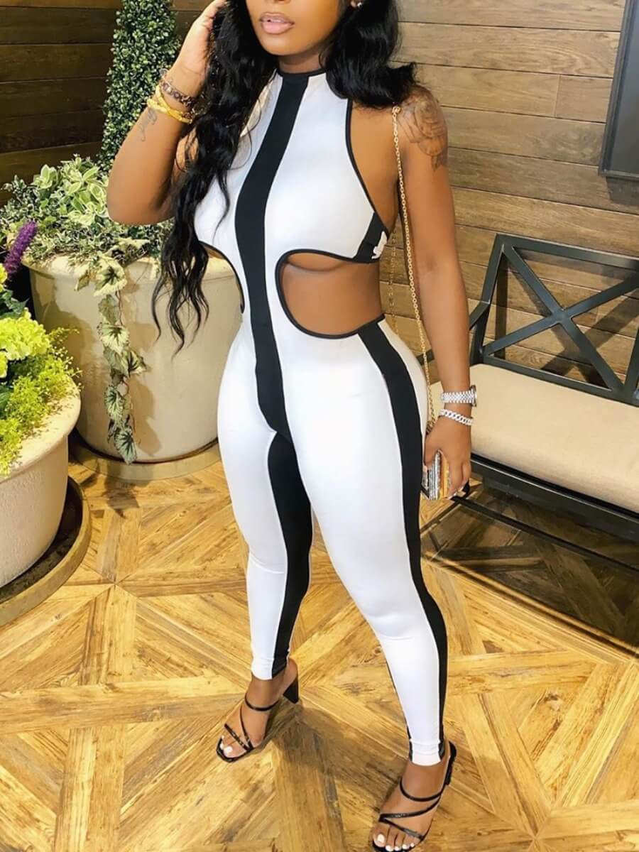 

lovely Sexy Backless Patchwork White One-piece Jumpsuit