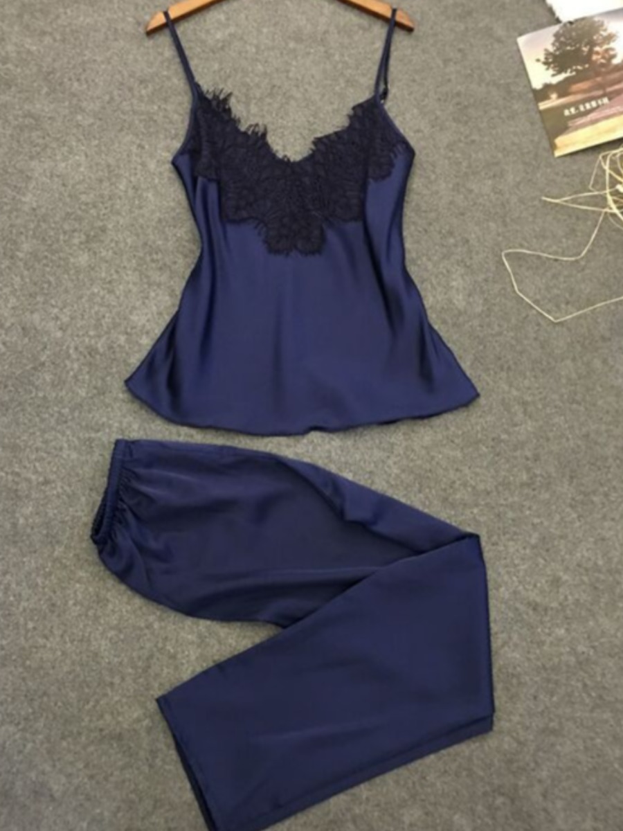 

lovely Sexy Spaghetti Strap Lace Patchwork Blue Sleepwear