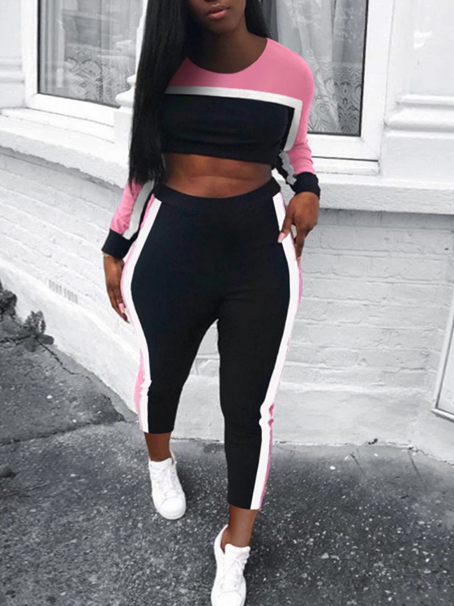 

lovely Sportswear O Neck Patchwork Pink Two Piece Pants Set