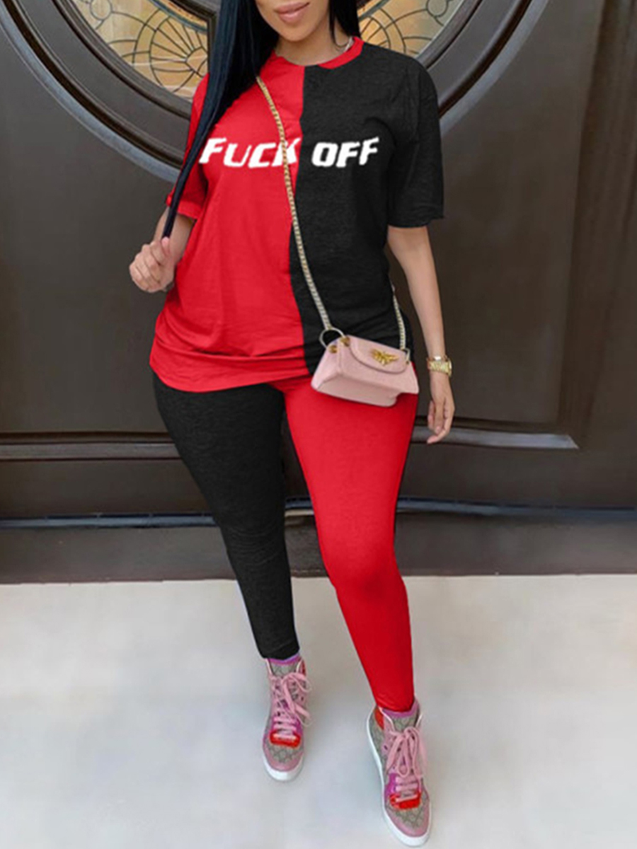 

Lovely Sportswear O Neck Letter Print Patchwork Red Plus Size Two-piece Pants Set