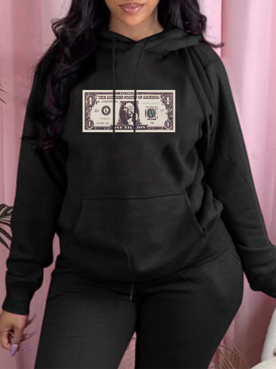 

Lovely Casual Hooded Collar Print Black Hoodie