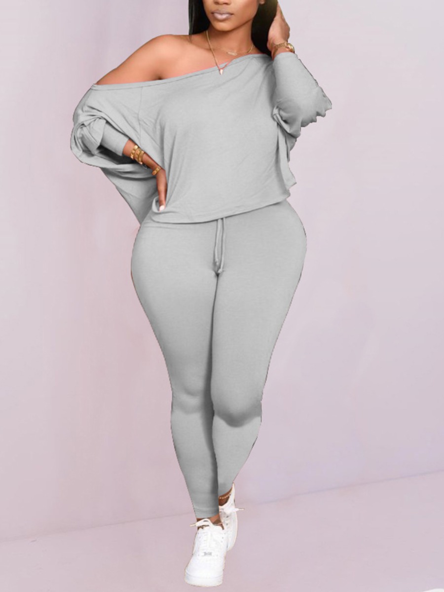 

lovely Casual Batwing Sleeves Grey Plus Size Two-piece Pants Set