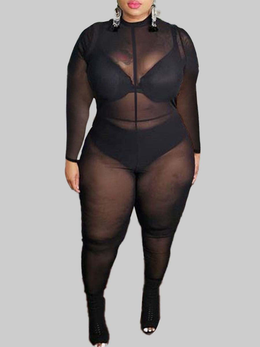 

Lovely Plus Size Sexy O Neck See-through Black One-piece Jumpsuit