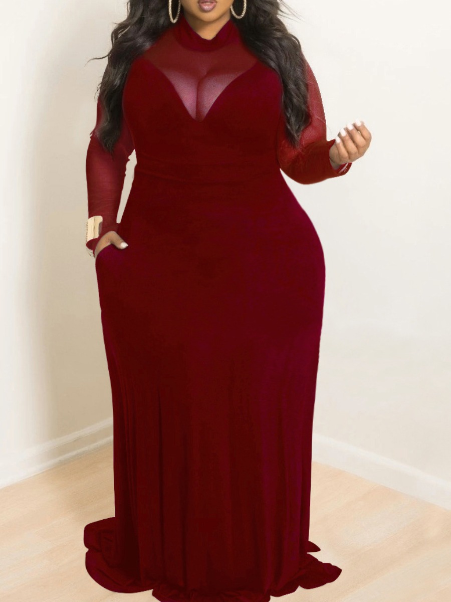 

lovely Casual See-through Patchwork Wine Red Maxi Plus Size Dress