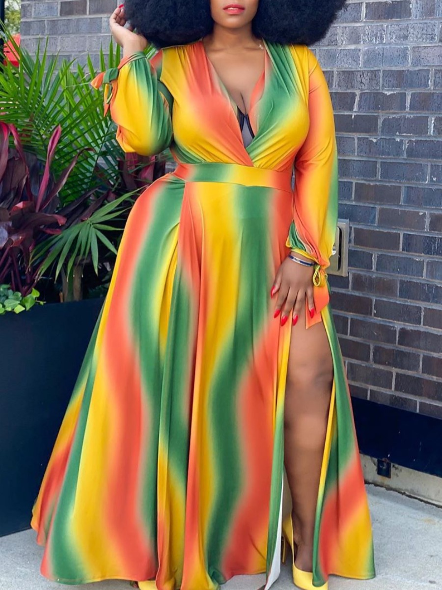 

lovely Trendy V Neck Rainbow Striped Red Maxi Plus Size Dress