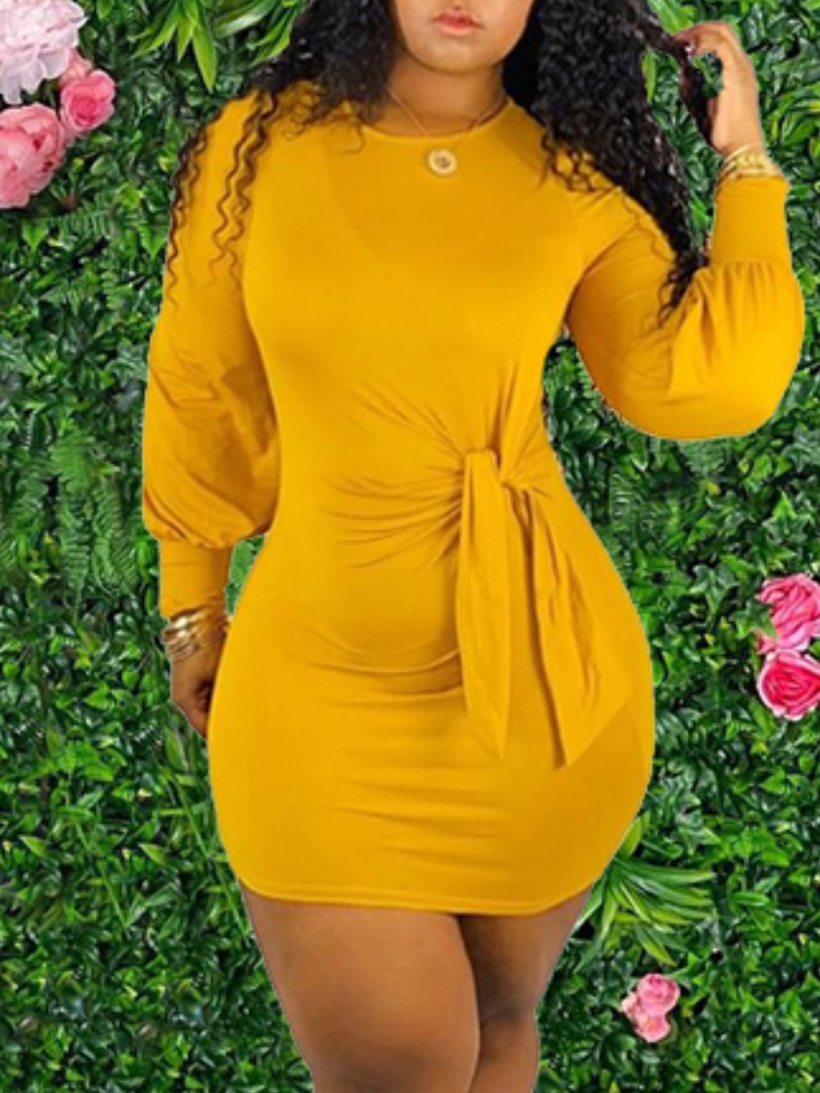 

lovely Casual O Neck Knot Design Yellow Mini Dress