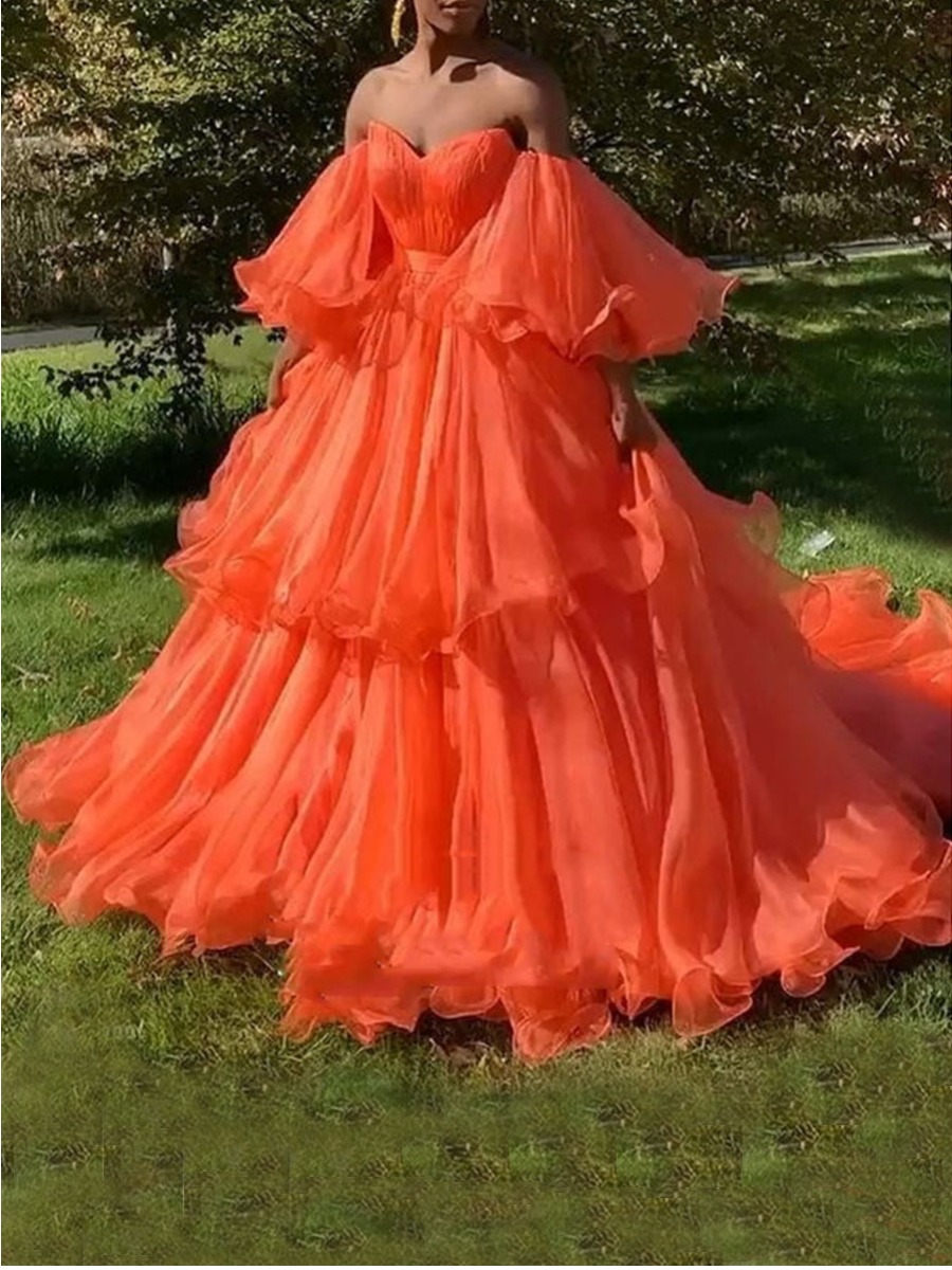 

lovely Party Dew Shoulder Layered Cascading Ruffle Red Maxi Dress