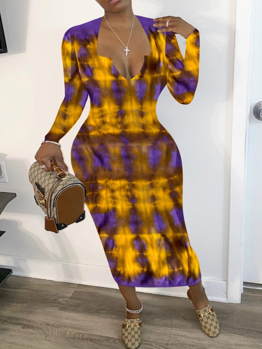 

lovely Trendy V Neck Tie-dye Purple Mid Calf Plus Size Dress