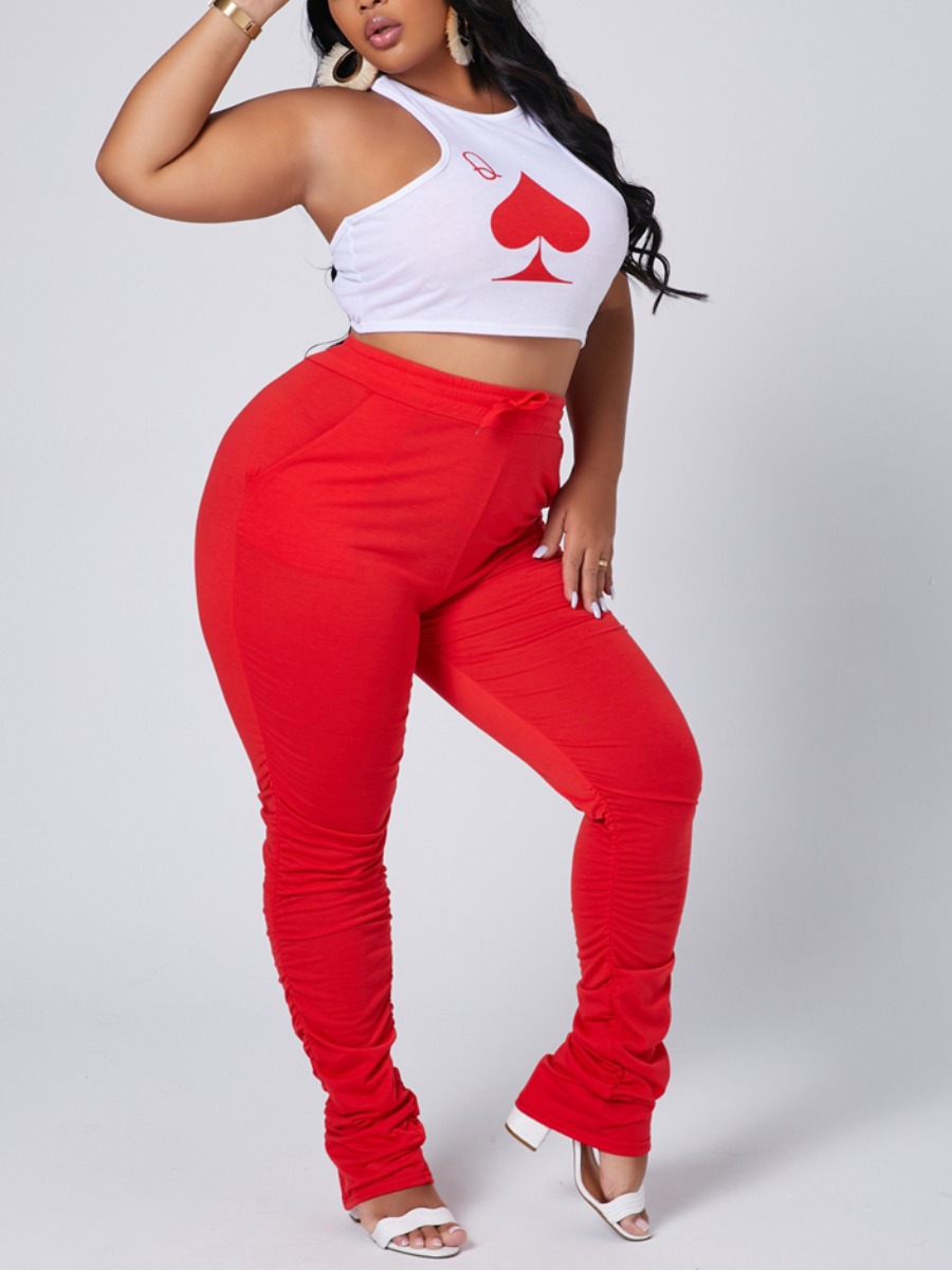 

lovely Sportswear O Neck Print Fold Design Red Plus Size Two-piece Pants Set