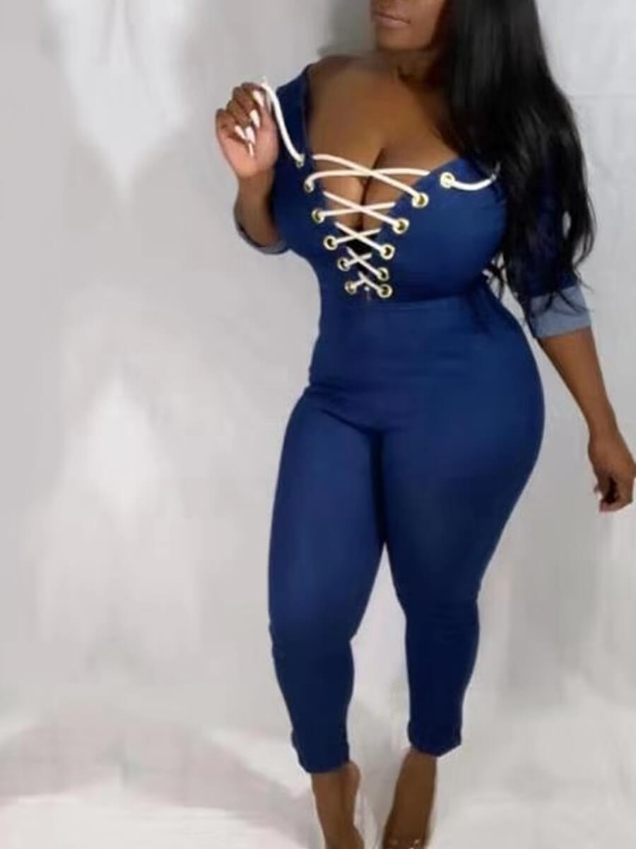 

Lovely Stylish Bandage Design Blue Denim One-piece Jumpsuit