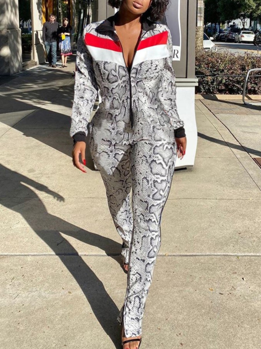 

lovely Stylish Snakeskin Print Zipper Design Two Piece Pants Set, Cobra