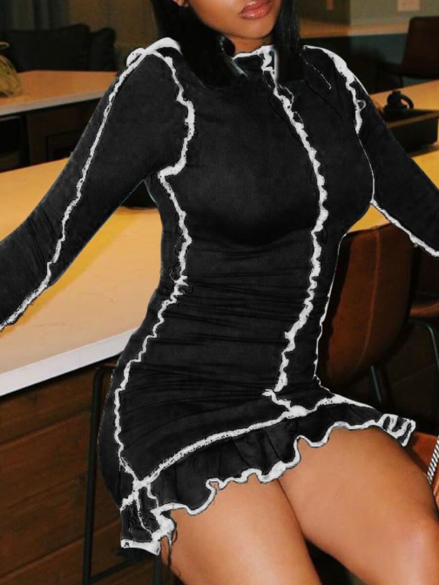 

Lovely Sweet O Neck Patchwork Black Mini Dress