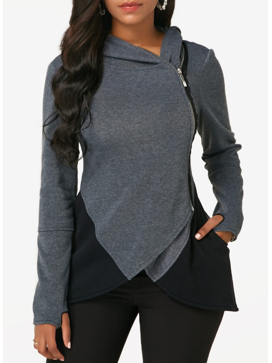 

Lovely Casual Hooded Collar Zipper Design Patchwork Dark Grey Coat