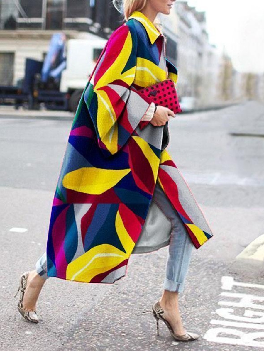 

lovely Street Turndown Collar Print Loose Yellow Long Trench Coat