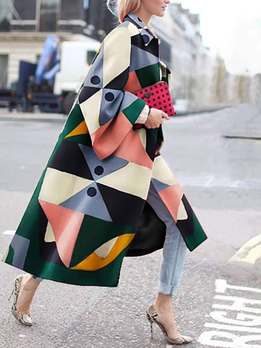 

lovely Street Turndown Collar Print Loose Multicolor Long Trench Coat, Multi