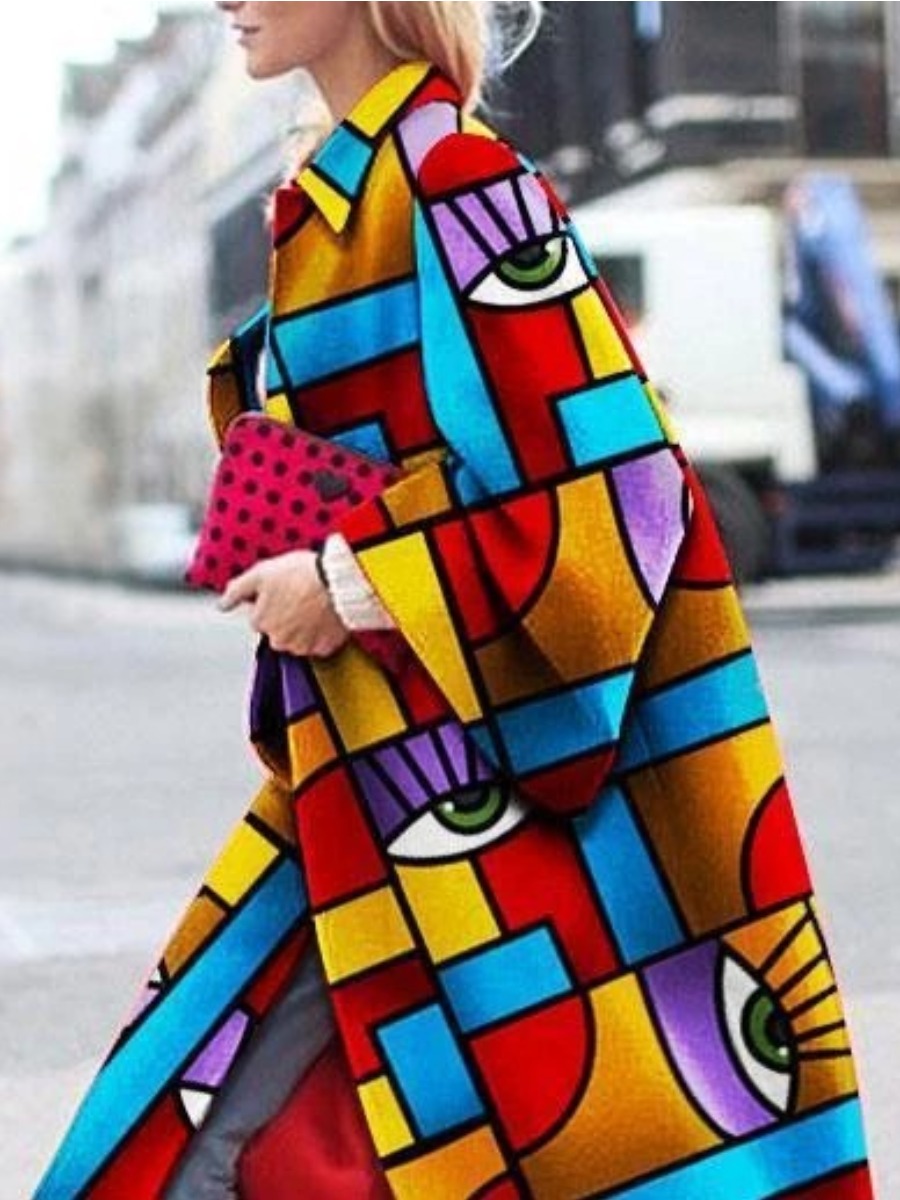 

lovely Street Turndown Collar Grid Print Loose Multicolor Long Trench Coat, Multicolor lattices