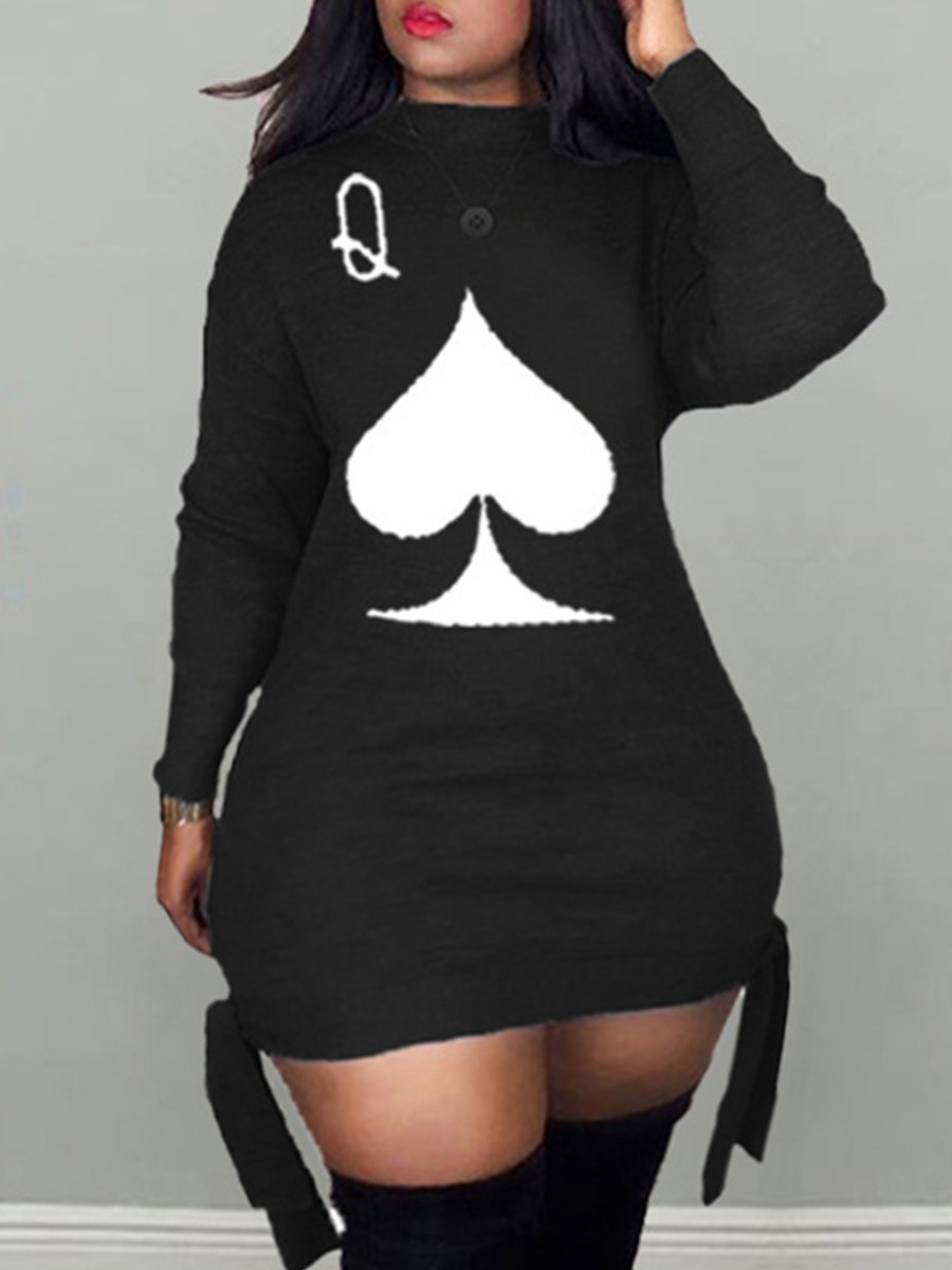 

lovely Casual O Neck Print Black Mini Pluse Size Dress