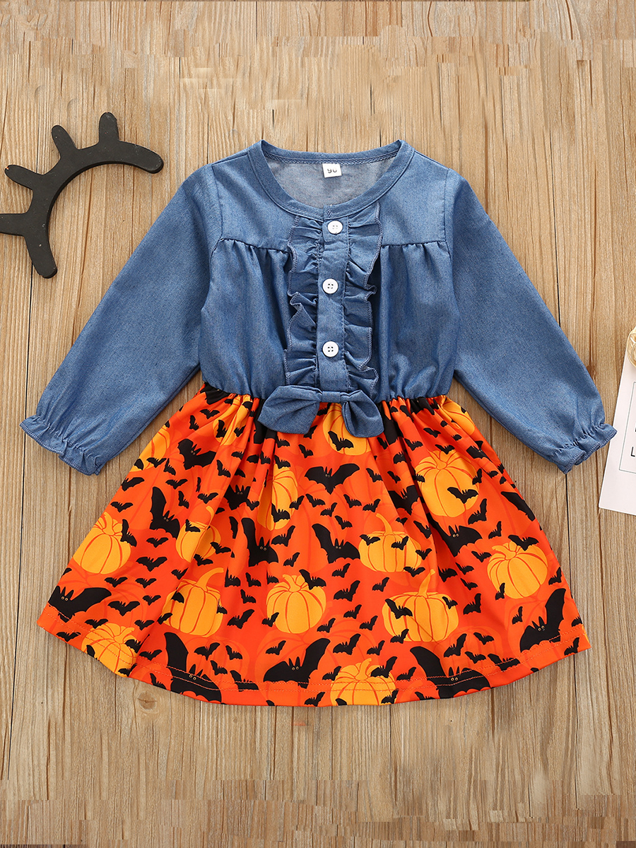 

lovely Casual O Neck Print Patchwork Blue Girl Knee Length Dress