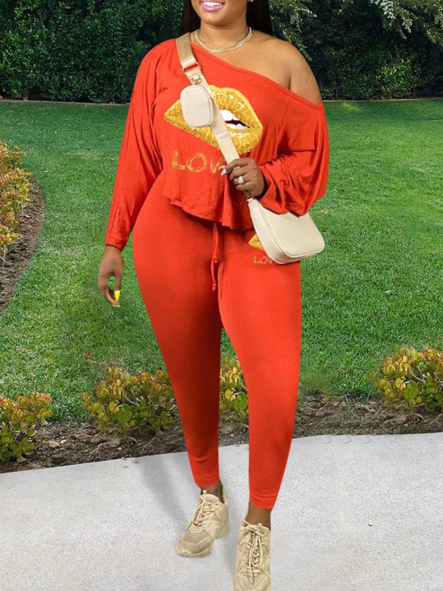 

lovely Leisure Lip Print Red Plus Size Two-piece Pants Set