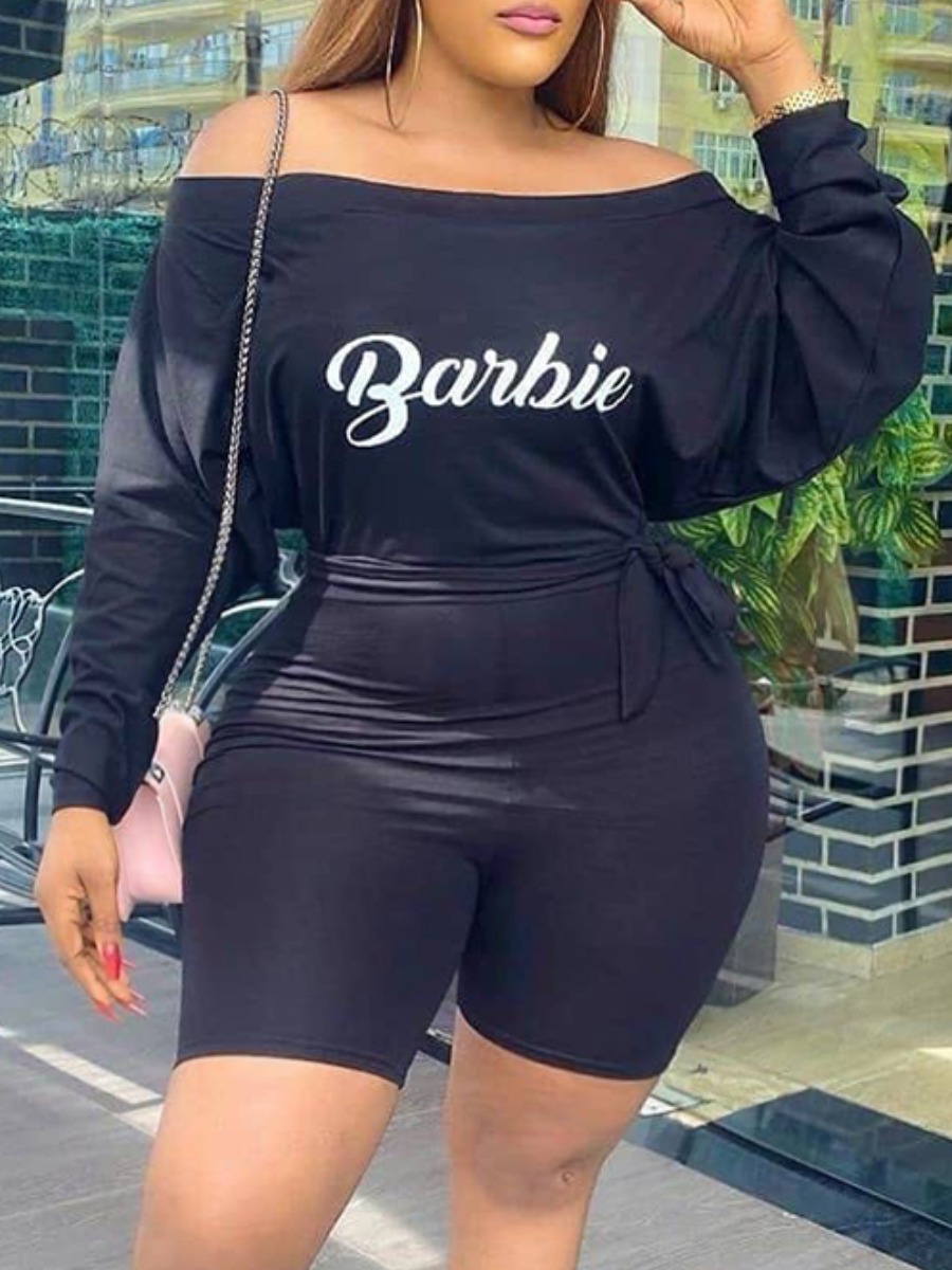 

lovely Casual Letter Print Black Plus Size One-piece Romper