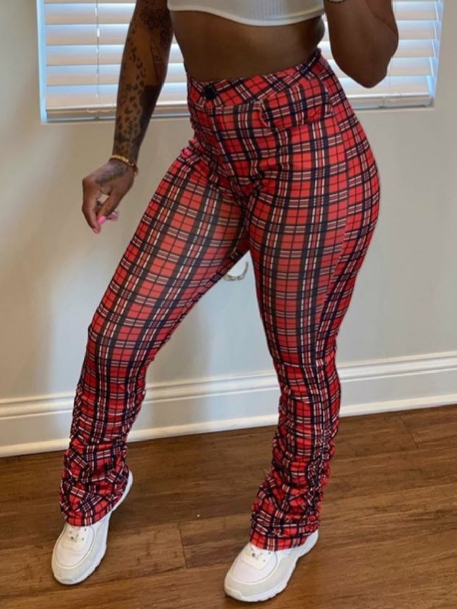 

lovely Street Grid Print Skinny Wine Red Pants