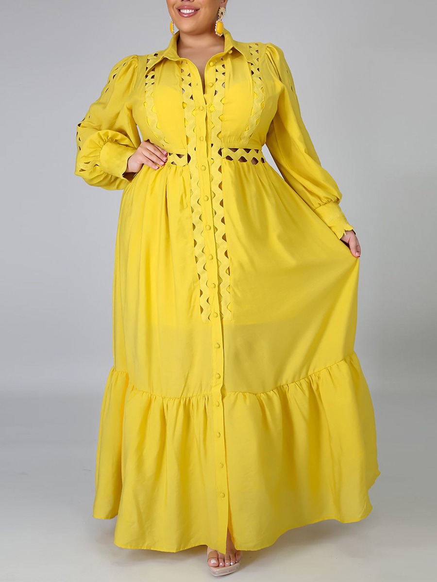 

lovely Stylish Turndown Collar Hollow-out Fold Design Yellow Maxi Plus Size Dress