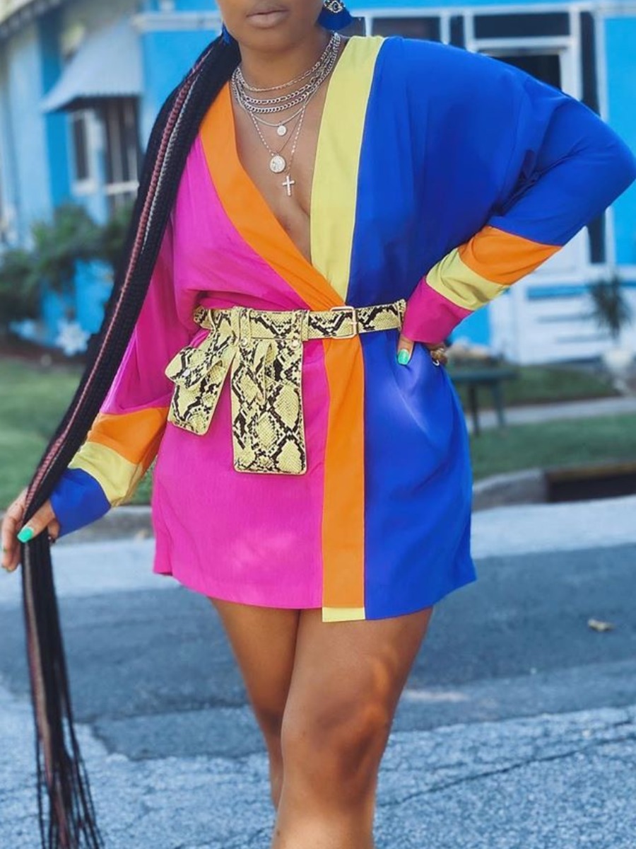 lovely Stylish V Neck Patchwork Multicolor Mini Dress(Without Belt)