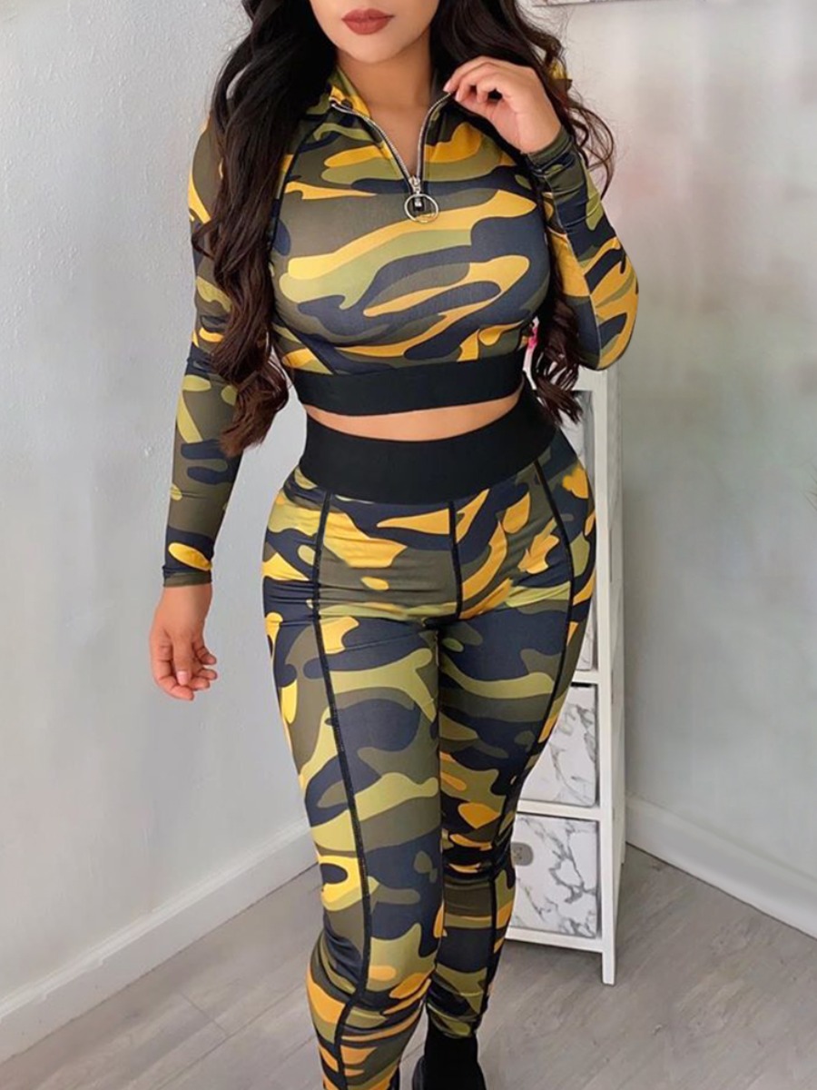 

Lovely Street Camo Print Yellow Two Piece Pants Set(Batch Print, Yellow camouflage