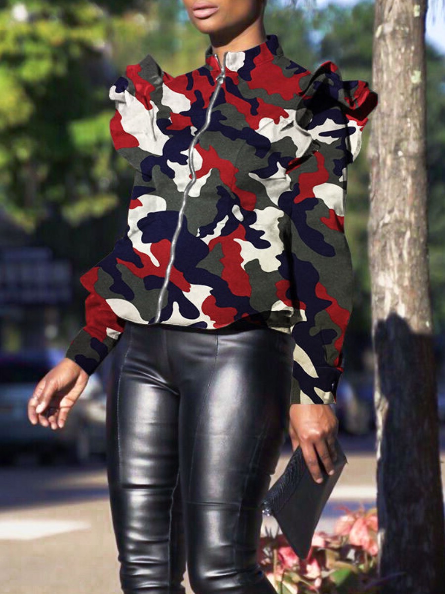 

lovely Casual Flounce Design Camo Print Wine Red Coat